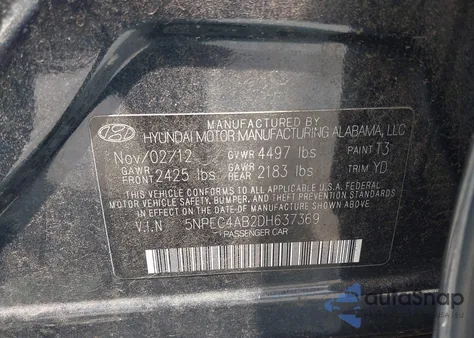 2013 Hyundai Sonata Limited 2.0T z USA, uszkodzony, nr VIN 5NPEC4AB2DH637369